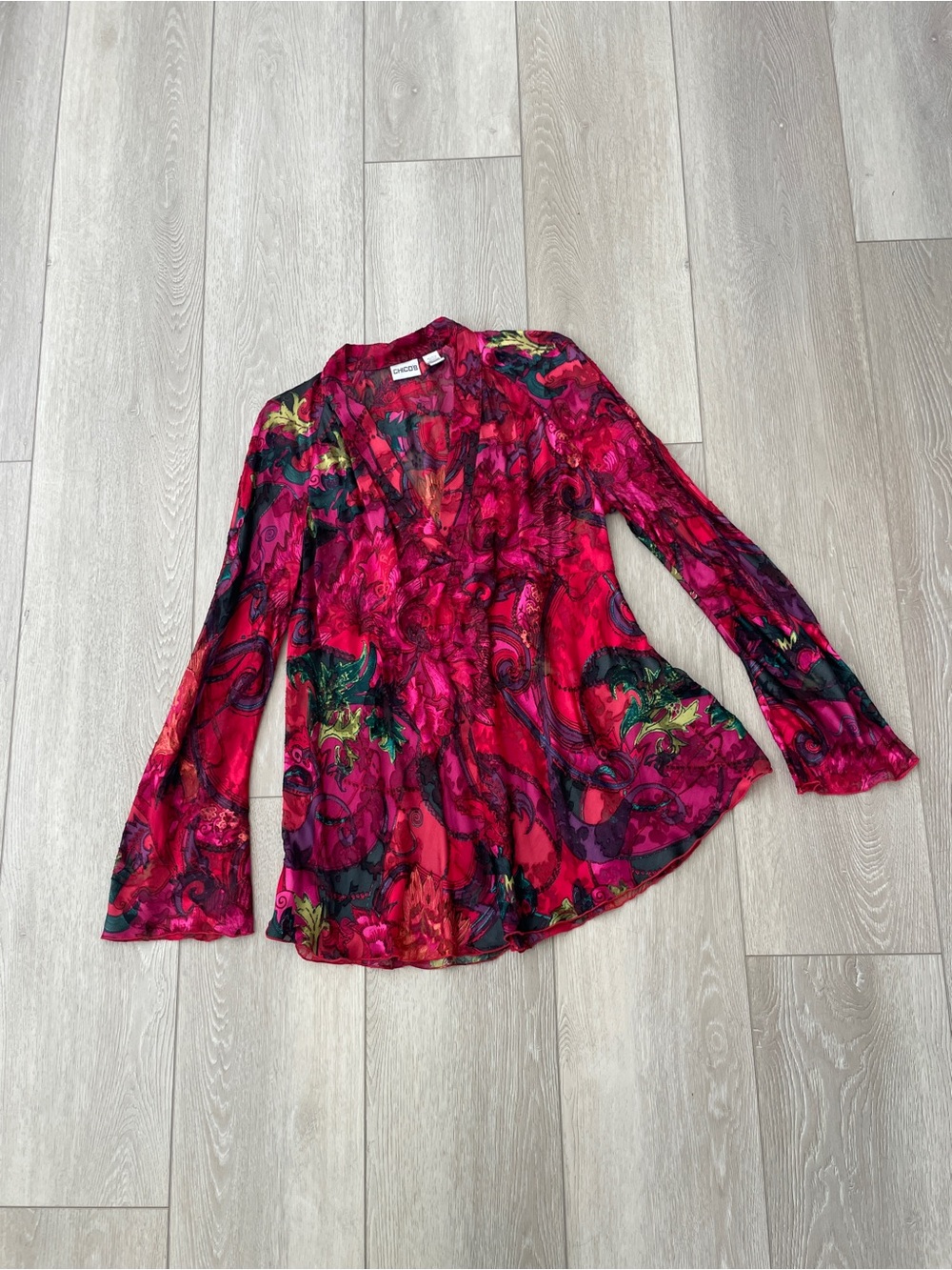 Chico's Red Silk Rayon Blouse Tunic Top Long Sleeve Sheer Women's Size XL (3)